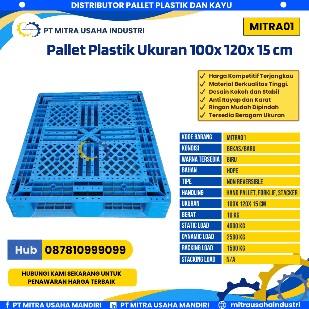 Pallet Plastik Bekas/Baru Ukuran 100x120x15 cm Warna Biru - MITRA01