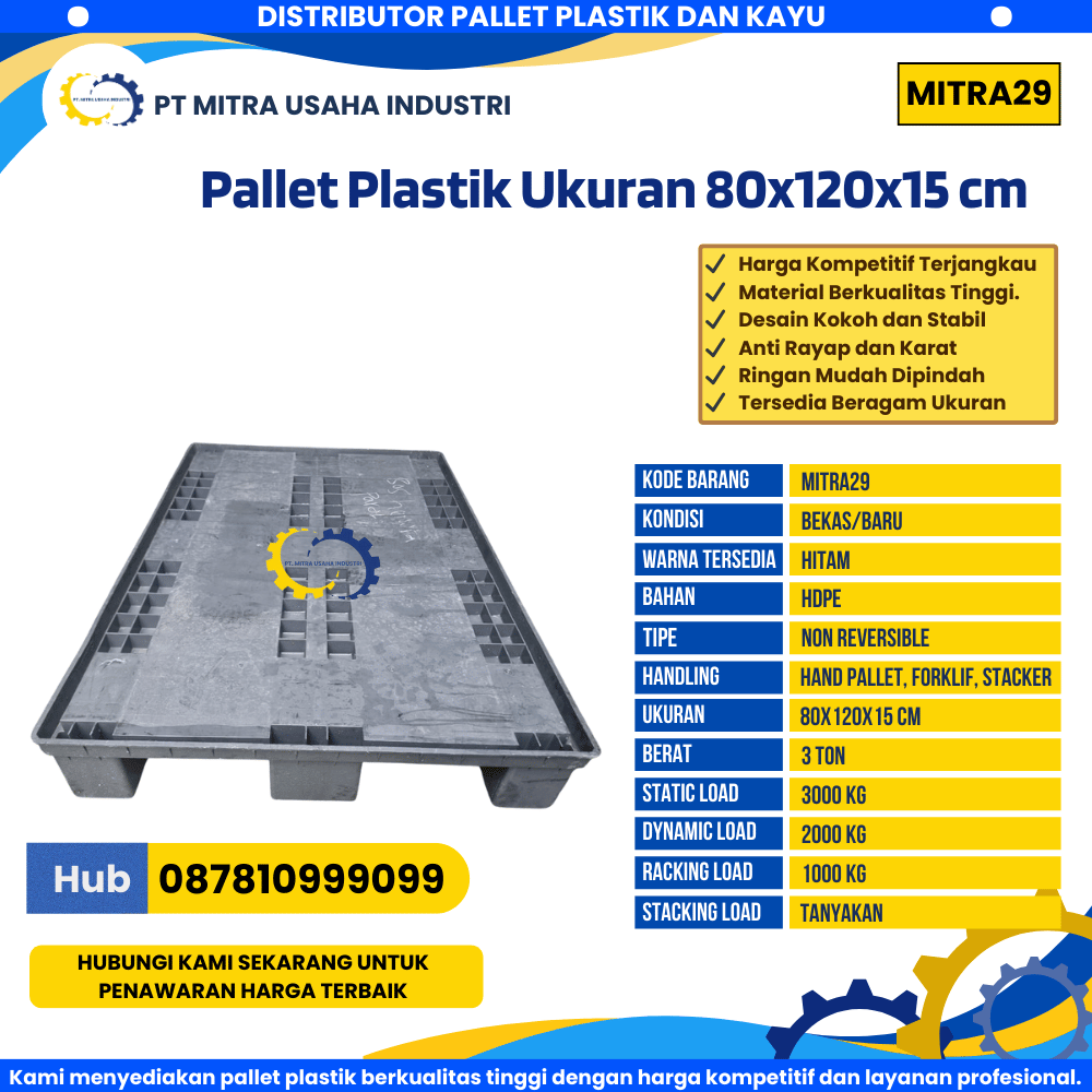 Pallet Plastik Bekas/Baru Ukuran 80x120x15 cm Warna Hitam - MITRA29