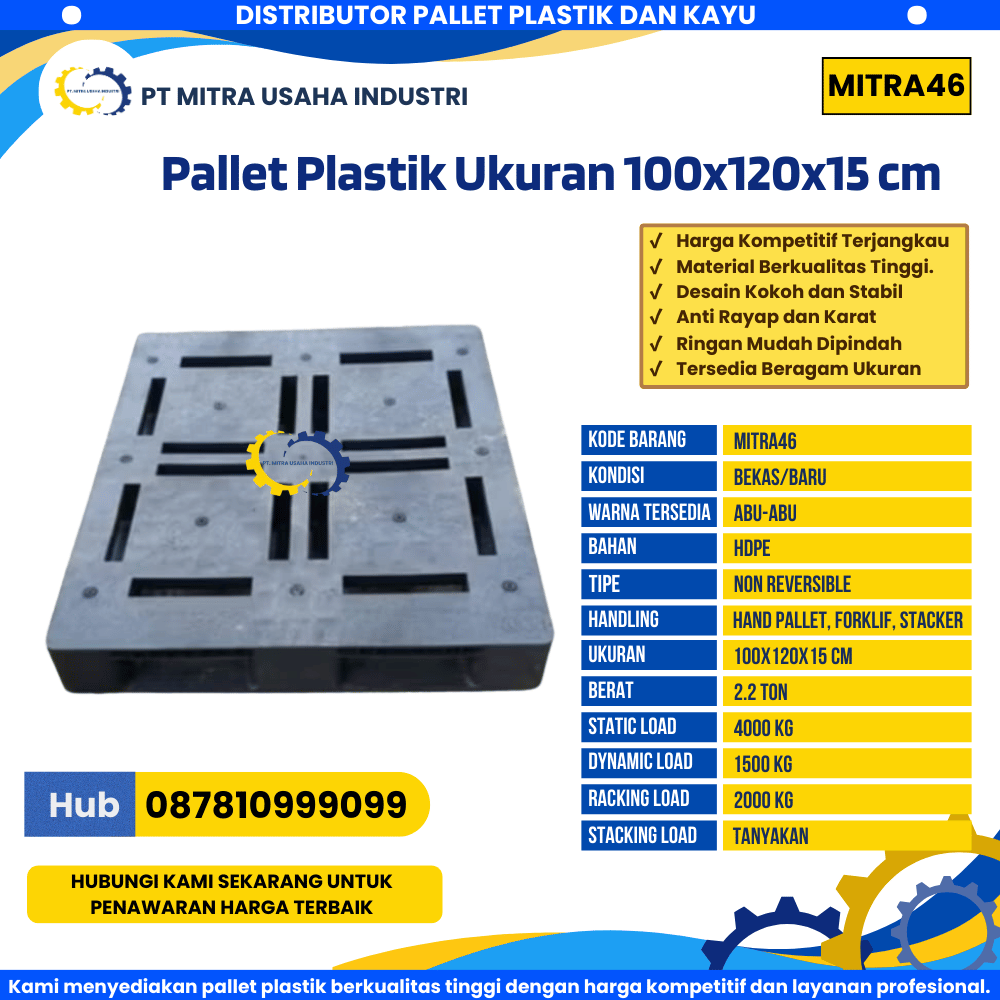 Pallet Plastik Bekas/Baru Ukuran 100x120x15 cm Warna Hitam - MITRA46
