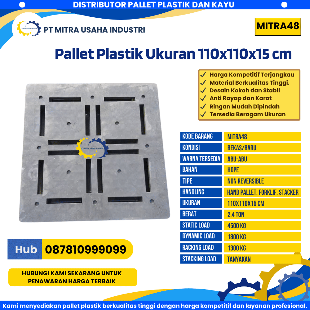 Pallet Plastik Bekas/Baru Ukuran 110x110x15 cm Warna Abu-Abu - MITRA48