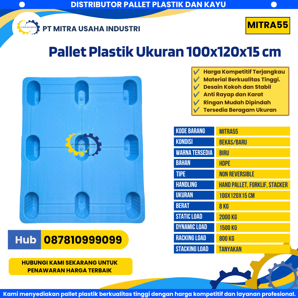 Pallet Plastik Bekas/Baru Ukuran 100x120x15 cm Warna Biru - MITRA55